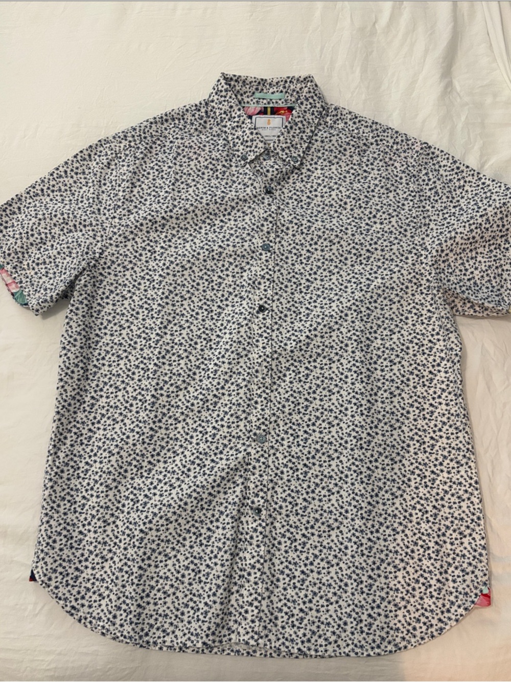 Denim & Flower White Short-Sleeve Button-Up with Navy Floral Print